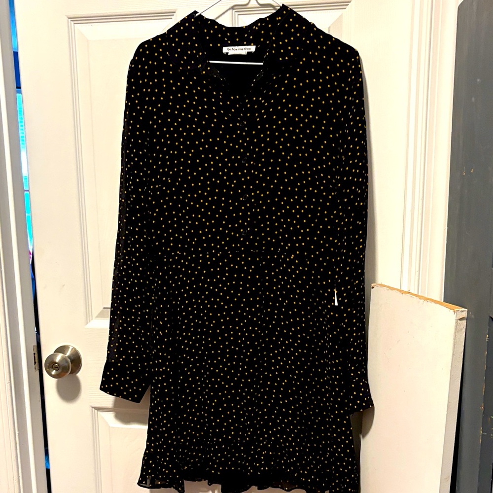 Reformation Black and Gold Polka Dot Midi Dress